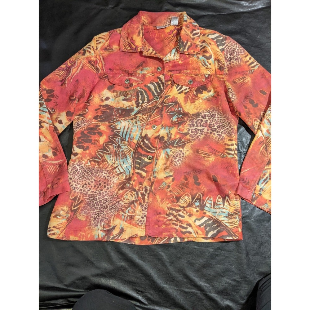 Chico's Women's Shirt Sueded Animal Print Size 1 Button Front READ No Button PIC